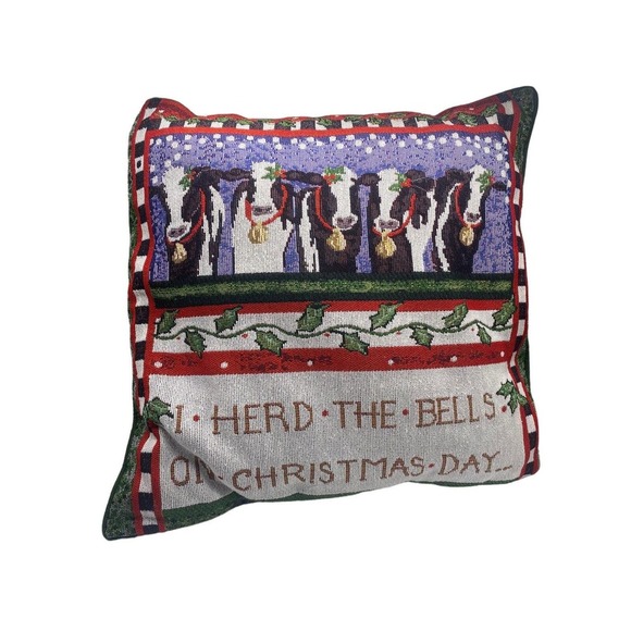 Tapestry Cow Pillow Farm Farming Barn Country Christmas I Herd the Bells 13x13 - Picture 2 of 4